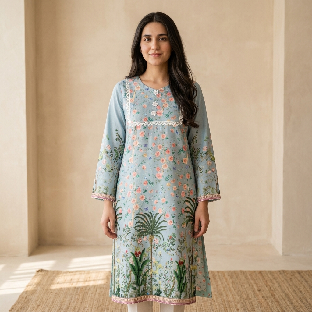 Digital Printed Lawn Kurta White Light Navy Blue alternate view