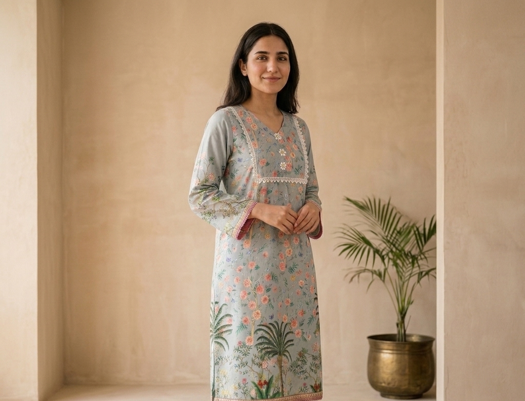 Digital Printed Lawn Kurta White Light Navy Blue