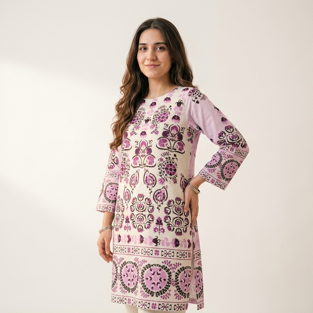 Digital Printed Lawn Kurta Black Pink alternate view