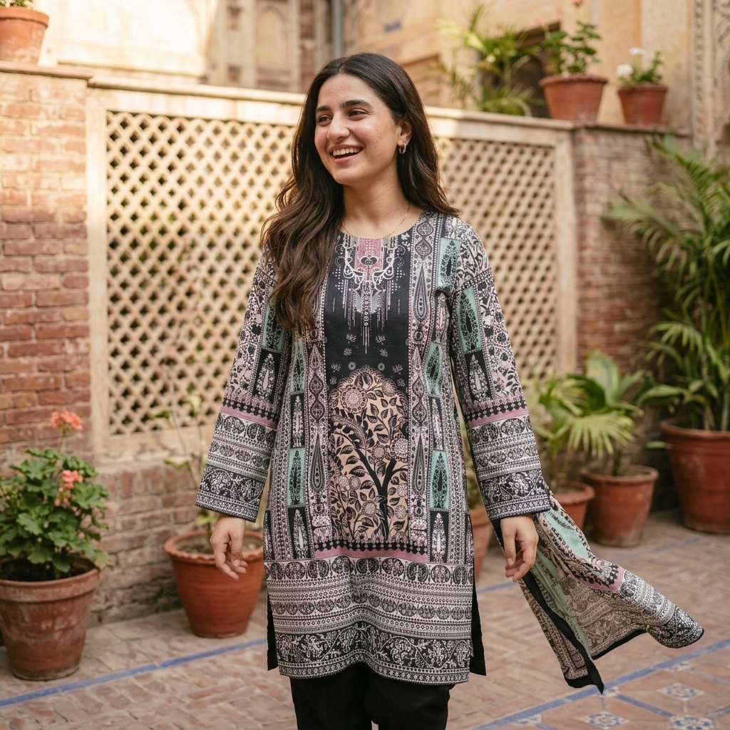 Digital Printed Lawn Kurta Black White